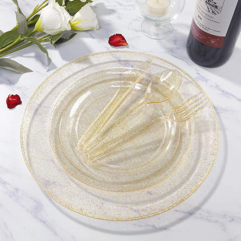 75pcs Gold Plastic Silverware- Disposable Gold Glitter Plastic Cutlery- Plastic Flatware Includes 25 Forks, 25 Spoons, 25 Knives