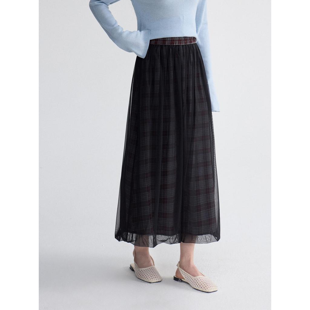 Ge Ming Retro Plaid Mesh Patchwork A-line Mid-length Skirt for Women - Spring Style