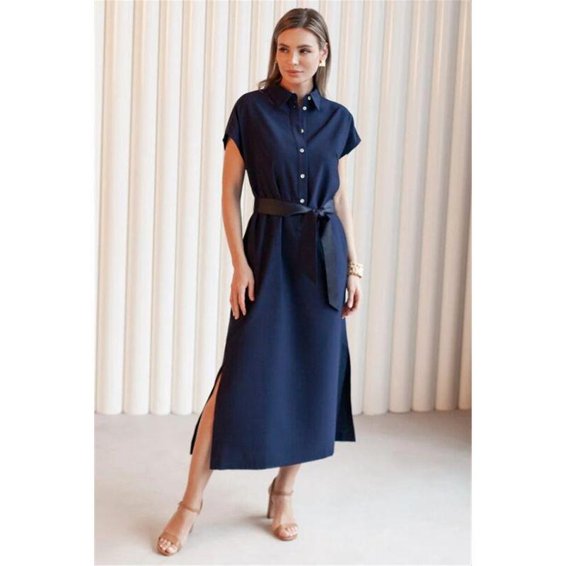 

Foreign Trade Pure Yuan Plus size Official Website Summer New Woven Lyocell Waist Hugging Women Polo Short sleeve Temperament Dress Dark Blue 40