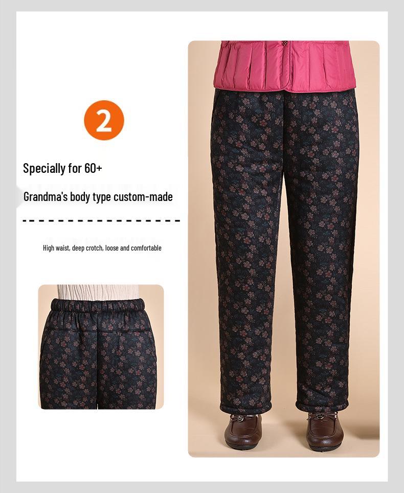 Grandma's Warm Cotton Fleece Pants: Cozy, Loose-Fitting Floral Design for Middle-Aged and Elderly, Ideal for Autumn and Winter Wear.