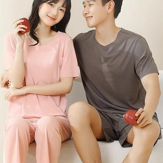 Summer Ice Silk Pajama Set: Men’s Shorts & Women’s Casual Round Neck