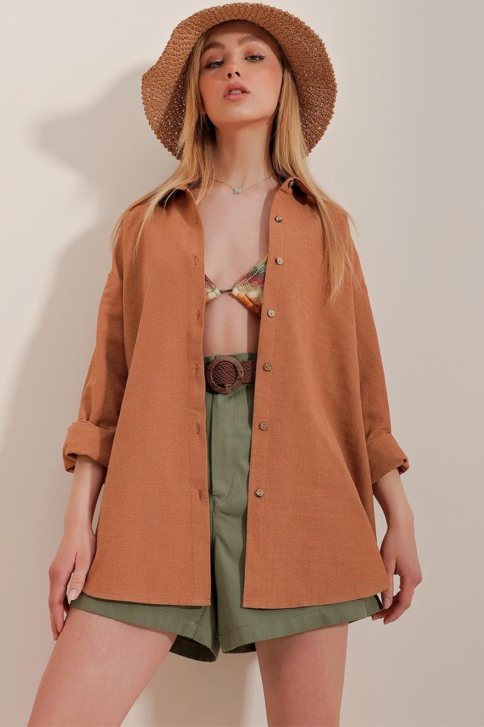 Women's Shirt New Season Fashion Mustard Oversize Linen Shirt