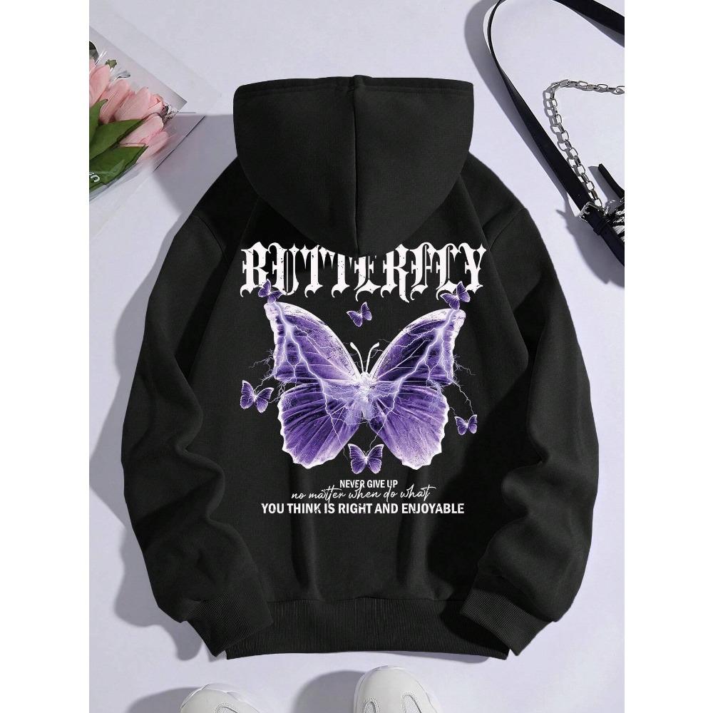Felpe con Cappuccio Stampa Farfalla Viola Bellissime Donna Tasca in Pile Felpa con Cappuccio Semplice Casual Autunno Ampia Streetwear Femminile