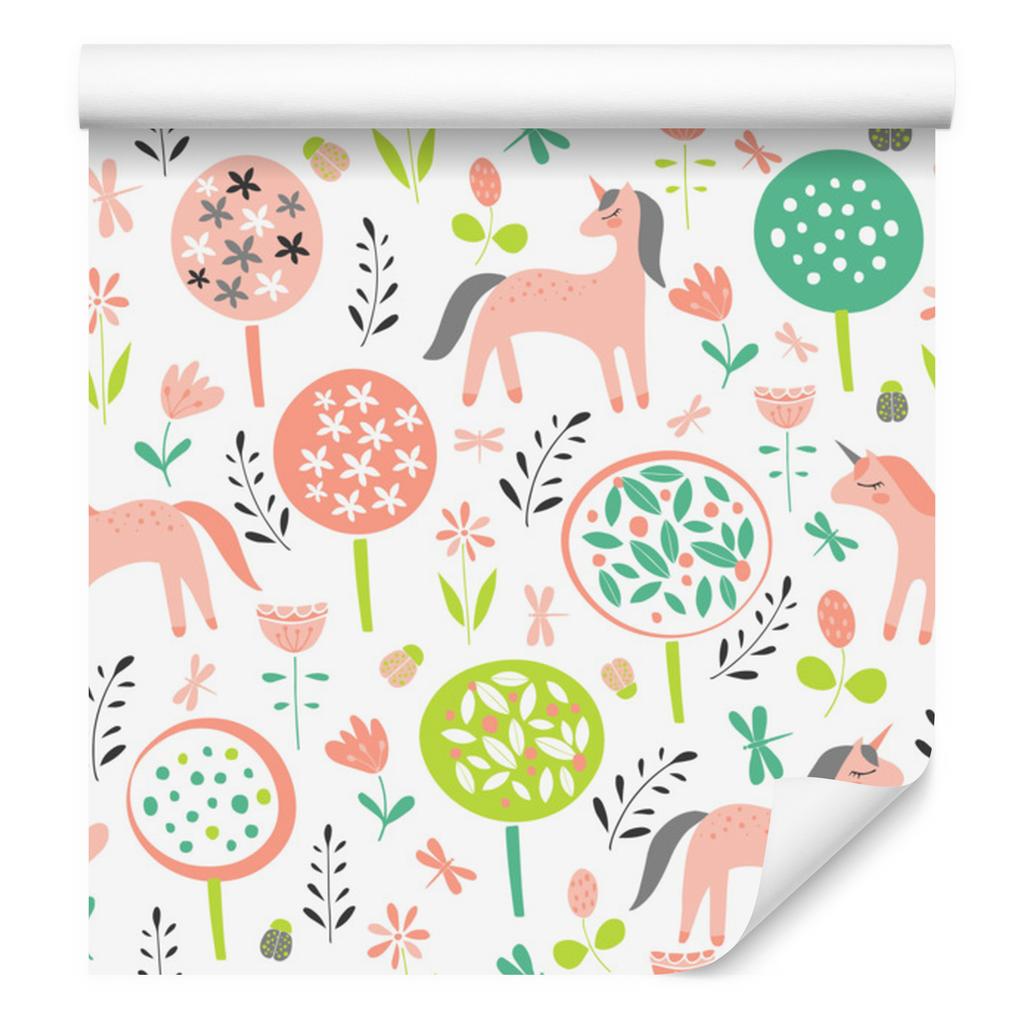 Wallpaper Colorful Unicorns and Plants for Living Room and Bedroom 50x1000