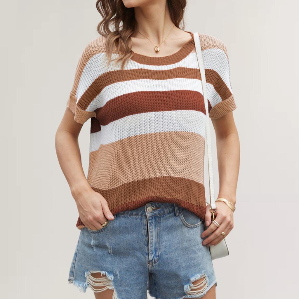 QICED Loose Patchwork Striped T-shirt Casual Pullover Women's Short-sleeved Sweater