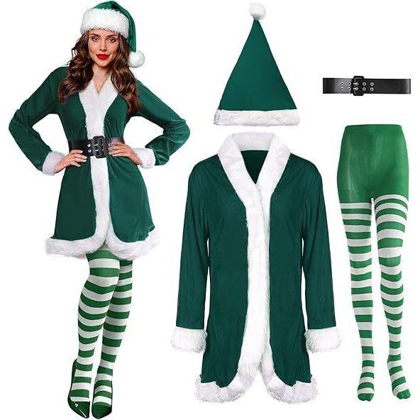 Adult Women Santa Claus Xmas Green Elf Dress Socks Hat Sets Christmas New Year Cosplay Costumes Performance Role Play Outfit