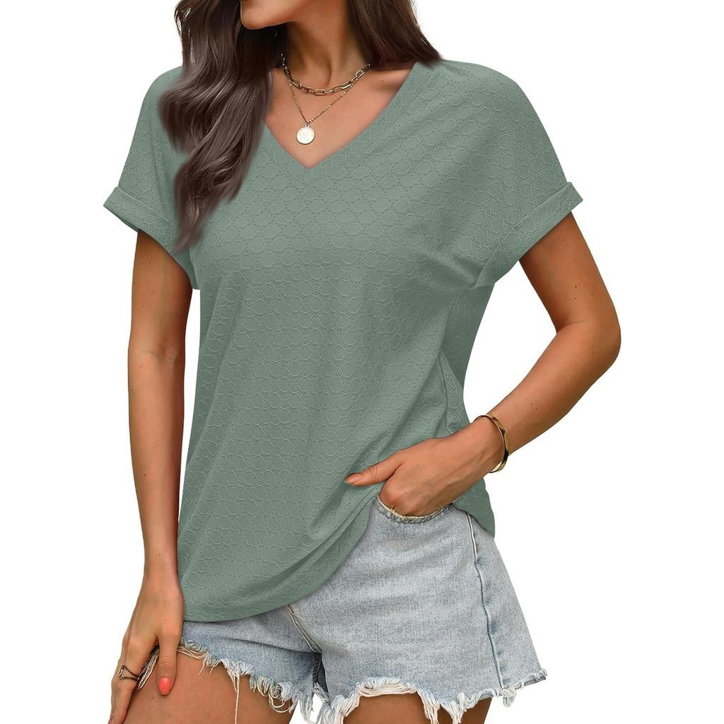 Women's Fashionable Casual Solid Color V-Neck Breathable T-Shirt Short Sleeved Top