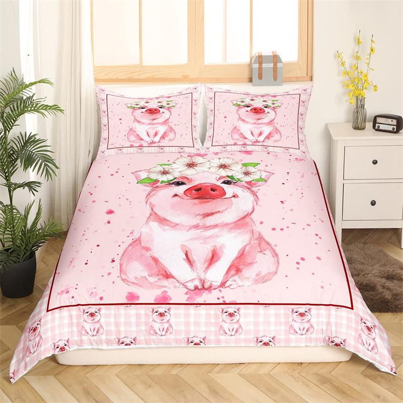 Cartoon Cute Pink Pig Duvet Cover for Children Boys Girls Microfiber Pigs Floral Cartoon Farm Animals Theme Bedroom Decorations