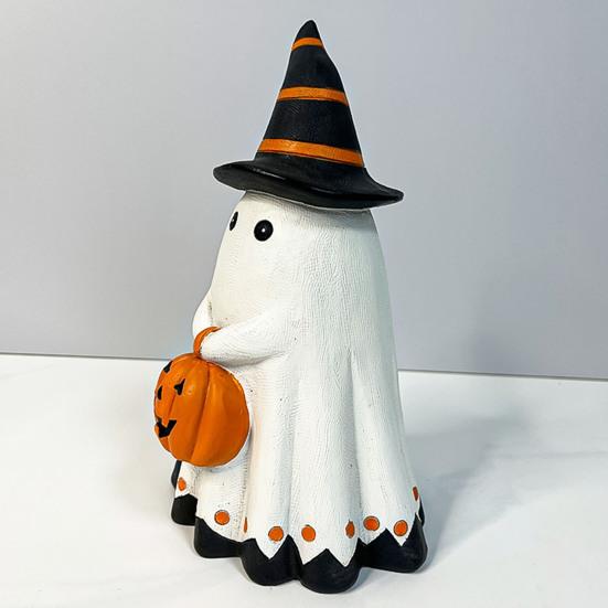 Halloween Ghost Statue Small White Ghost with Pumpkin Figurine Cute Ghost Resin Tabletop Ornament for Indoor Outdoor Halloween Decor