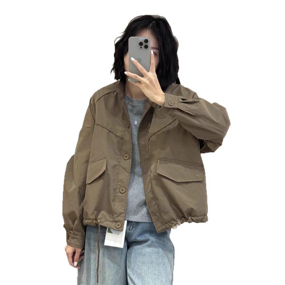 2025 Women's Frosted Jacket: Spring Fashion Loose Casual Solid Color Stand-Up Collar Top.