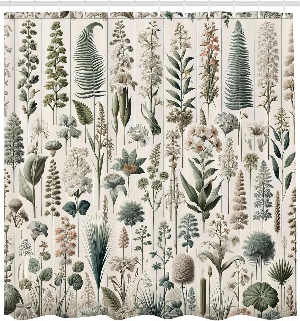 Neutral Shower Curtain, Exotic Botanical Illustration of Leaves Pastel Tones Ferns and Palms, Cloth Fabric Bathroom De