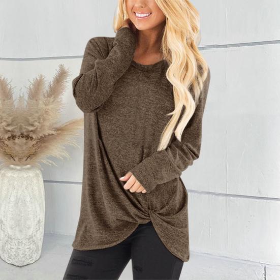 Women T-shirt Round Neck Long Sleeve Twist Knot Tunic Tops Solid Color Casual Pullover Tops Daily Wear