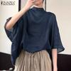 ZANZEA Women Casual Stand Collar Bat 3/4 Sleeve Loose Solid Color Blouses