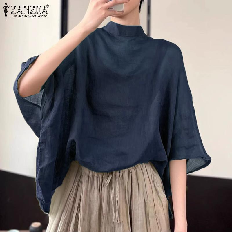 ZANZEA Women Casual Stand Collar Bat 3/4 Sleeve Loose Solid Color Blouses