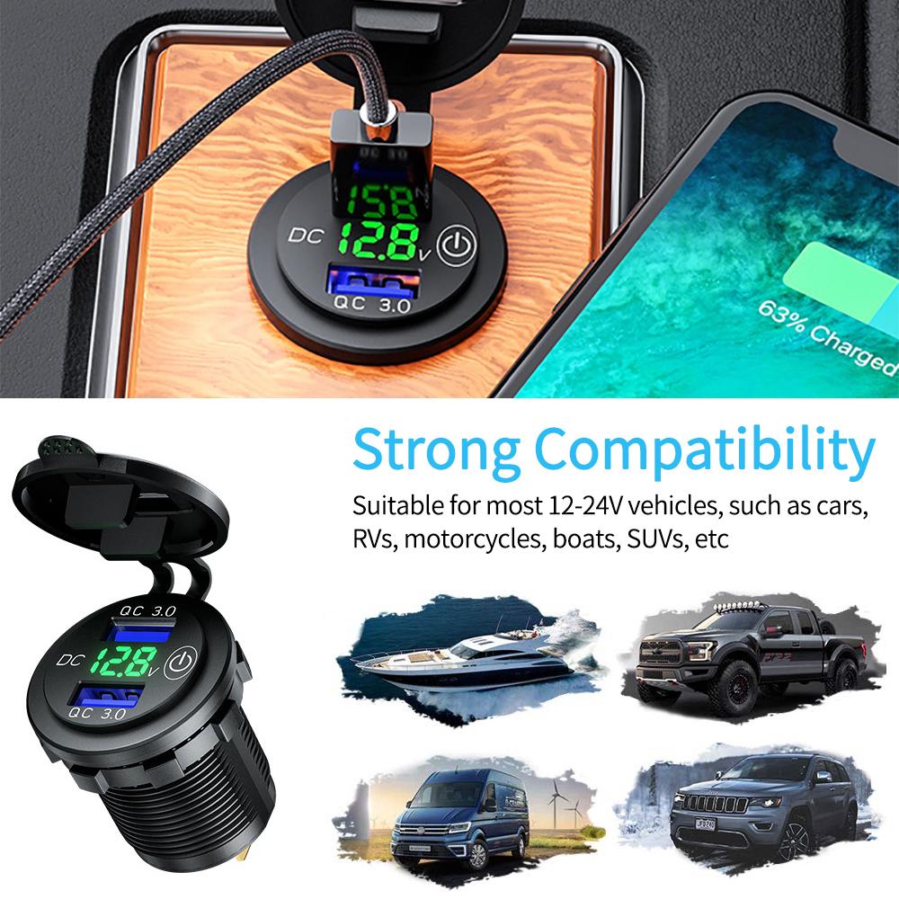 Waterproof Quick Charger QC3.0 Dual USB Car Charger with Switch Button LED Voltage Display for 12V/24V Cars Boats Motorcycle