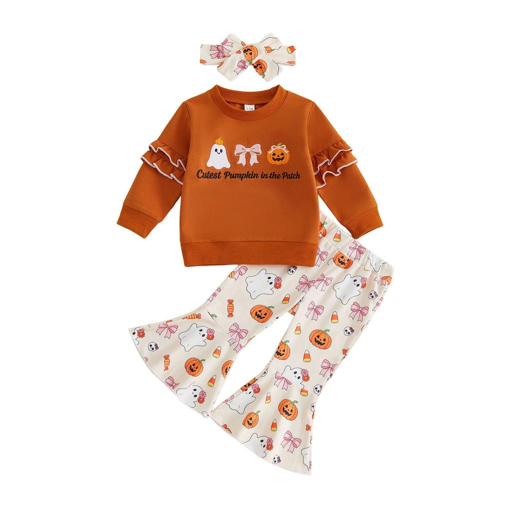 Baby Mädchen Halloween Kürbis Stickerei Pullover Rundhals Langarm Sweatshirt mit Elastischer Taille Schlaghosen Set
