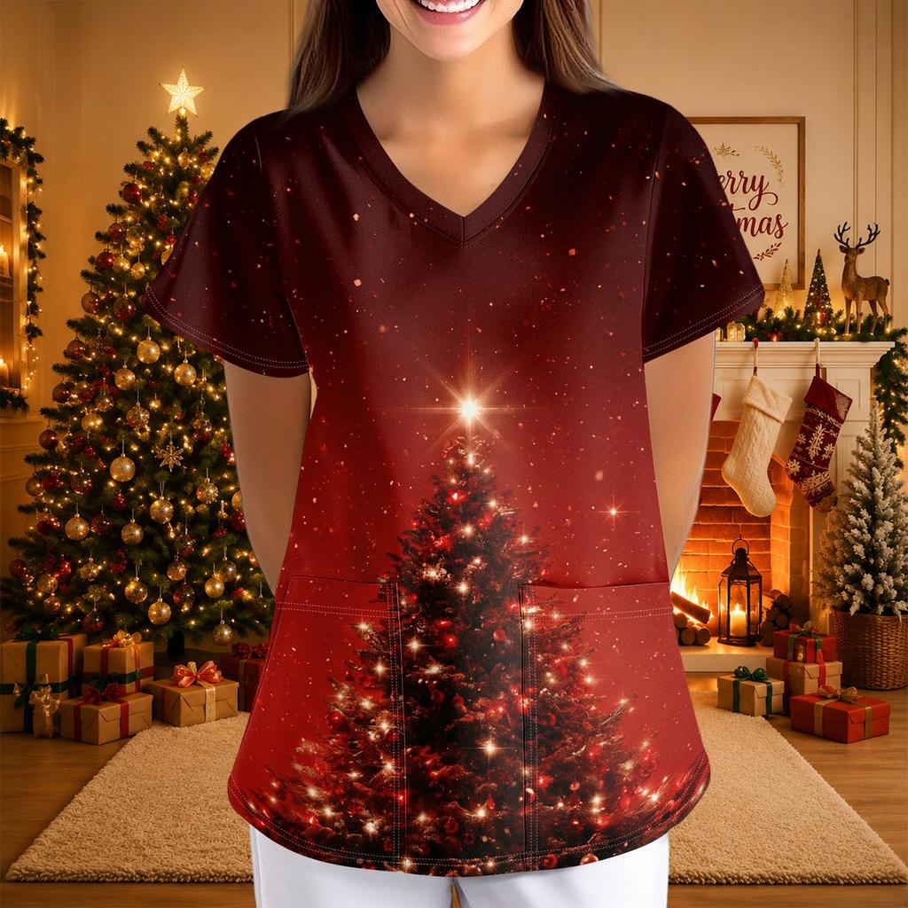 Women's Christmas Print V-Neck Short Sleeve Uniform with Pockets Loose Fit