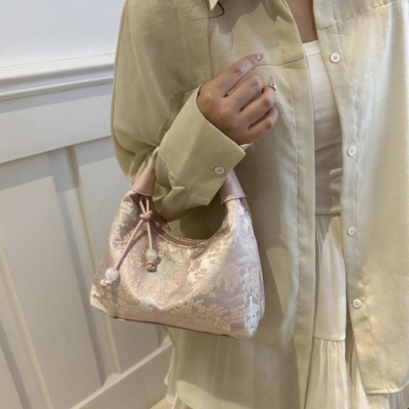 Sweet Embroidery Shoulder Bag Nylon Texture Beads Pendant Crossbody Bag Small Bucket Handbag Women Girl