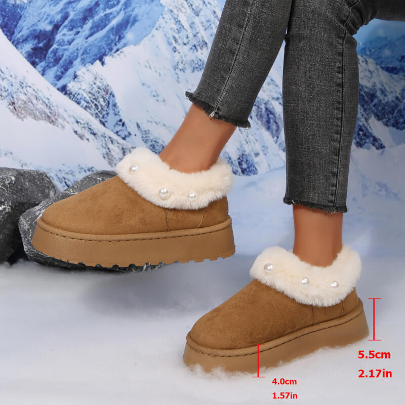 Non Slip Thick Bottom Furry Snow Boots Women 2025 Winter Chunky Platform Wedge Heel Plush Ankle Boots Fluffy Fur Pearl Shoes