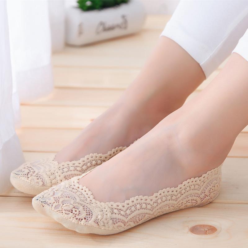 5 Paar Sommer Damen Mädchen Silikagel Spitze Knöchelsocken Unsichtbar Baumwollsohle Rutschfest Anti-Rutsch Hausschuhe Anti-Rutsch Socke