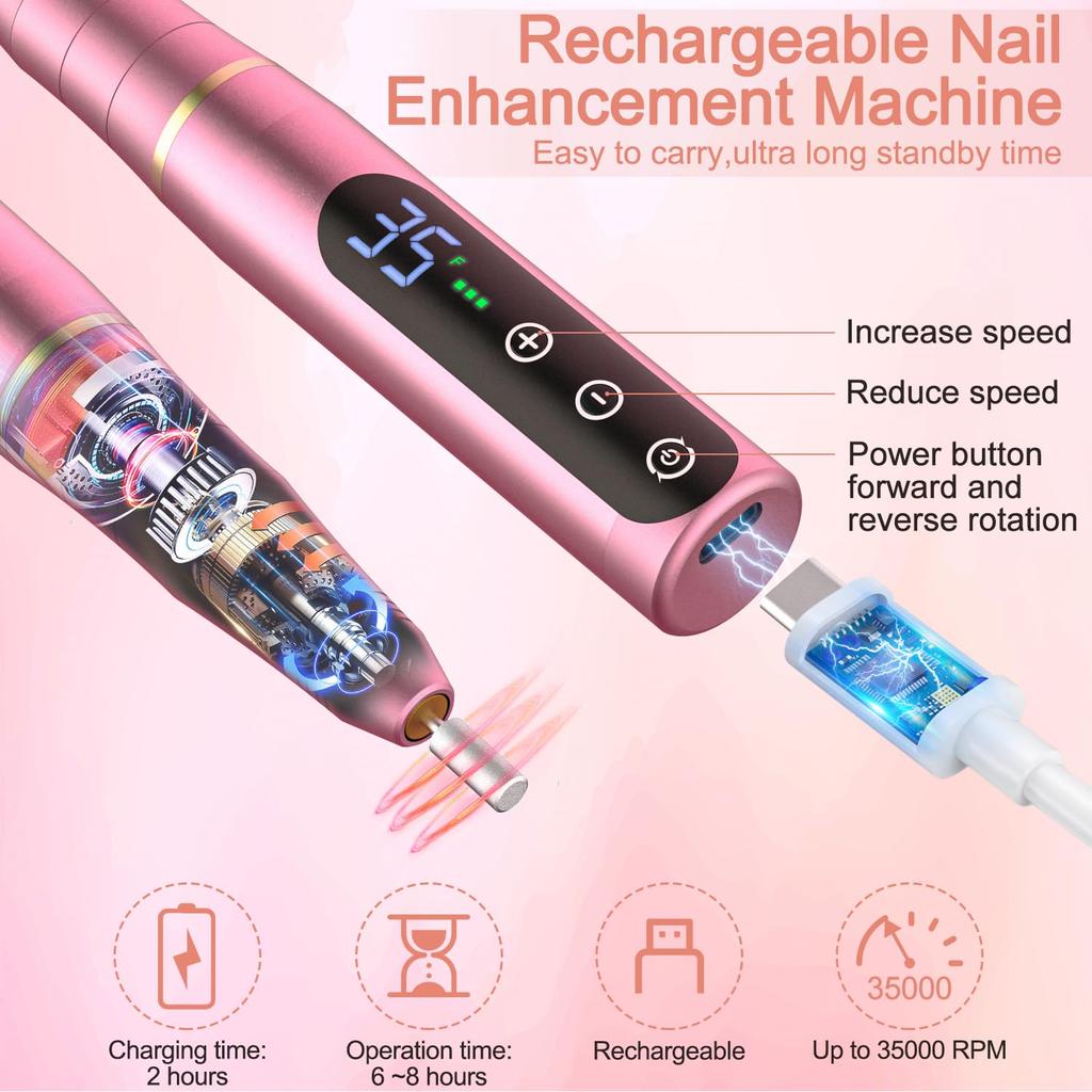 NAILGIRLS Cordless Electric Nail Drill Machine 11 in 1 Kit, Portable Rechargeable Nail File Set for Acrylic Gel Dip Powder Nails, 35 Speeds Manicure