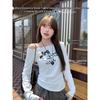 2025 Autumn/Winter Slim-Fit Cat Print One-Shoulder Long-Sleeve Top
