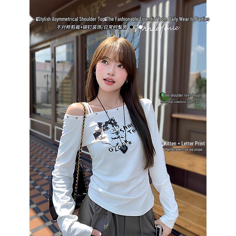2025 Autumn/Winter Slim-Fit Cat Print One-Shoulder Long-Sleeve Top