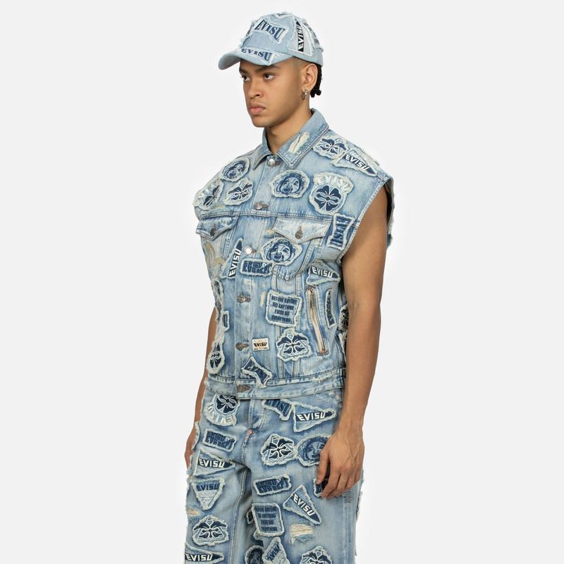 Evisu Multi Badge Distressed Wide Denim Vest Men Vests 2ESHTM4VS8109LFDN