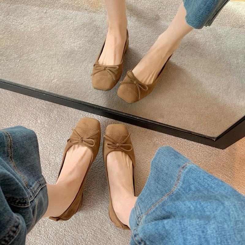 Sheepskin Temperament Square Head Shallow Mouth Bow Small Thick Heel Versatile Leopard Print Shoes Super Soft Single Shoes Women