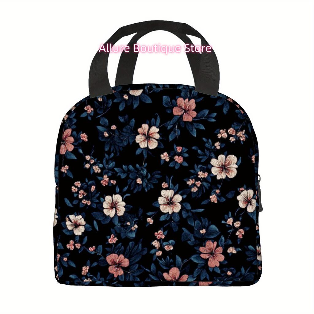 1pc, Floral Pattern on Dark Background, Printed Thermal Bag, Insulated Bag, No Food Contact, Suitable for Home, Restaurant, Offi