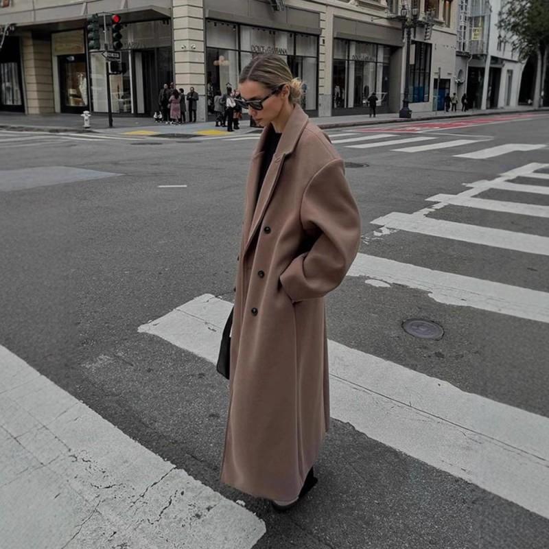 Damen Wollmischung Langer Trenchcoat mit Revers Kragen Lockerer Sitz Büro Chic Winter Oberbekleidung