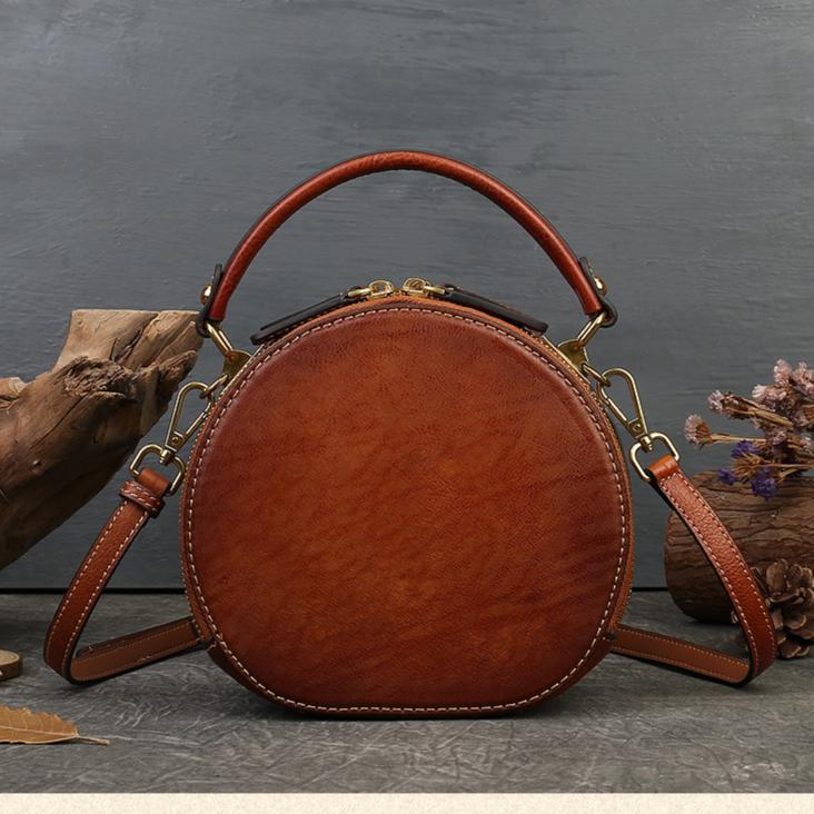Small Round Bag High Quality Genuine Leather Bag for Women New Women's Handbag Leather Bag Shoulder Bag Literary and Ethnic Style Messenger Bag