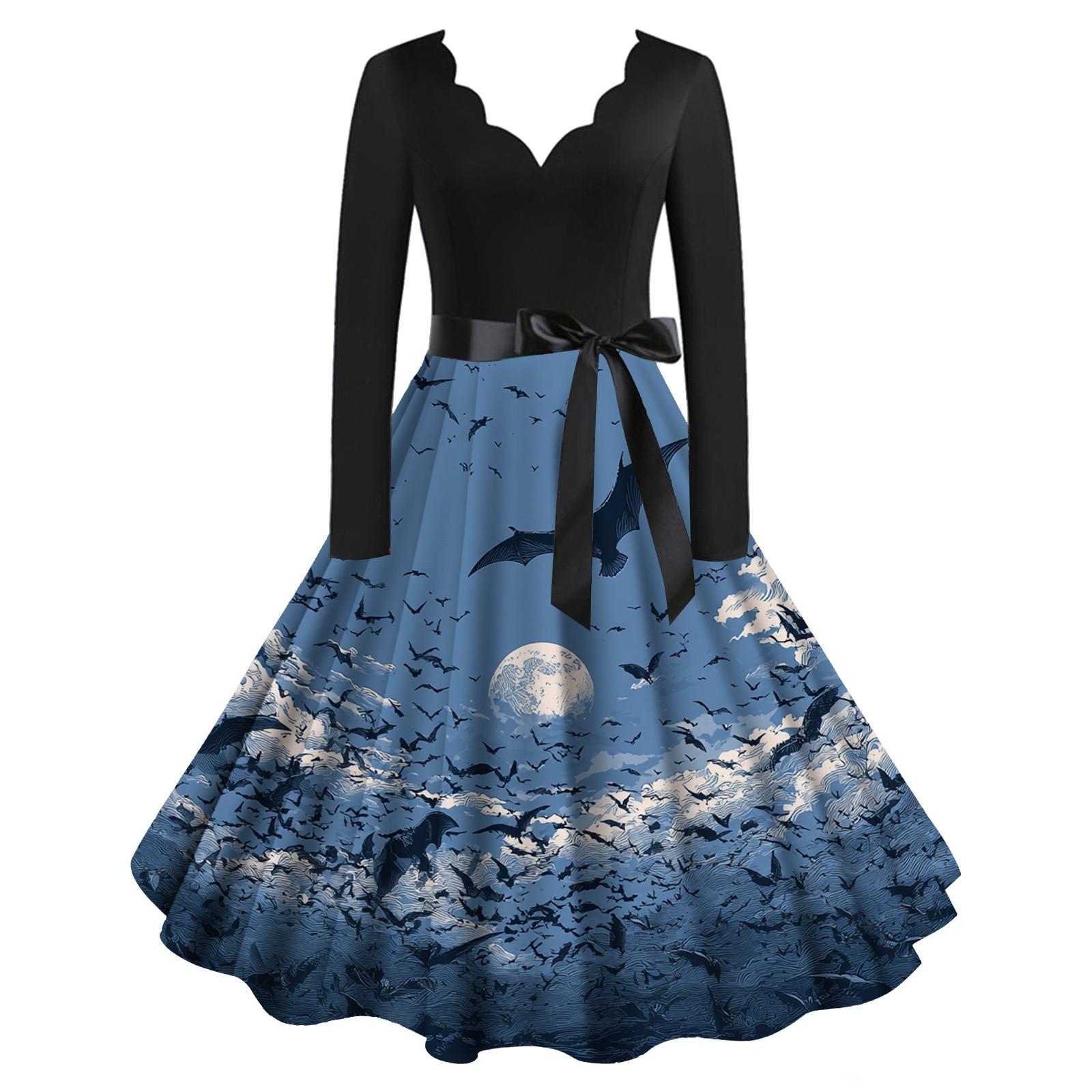 

Расклешенное платье с принтом Хэллоуина для женщин Платье с длинным рукавом Повседневные платья S