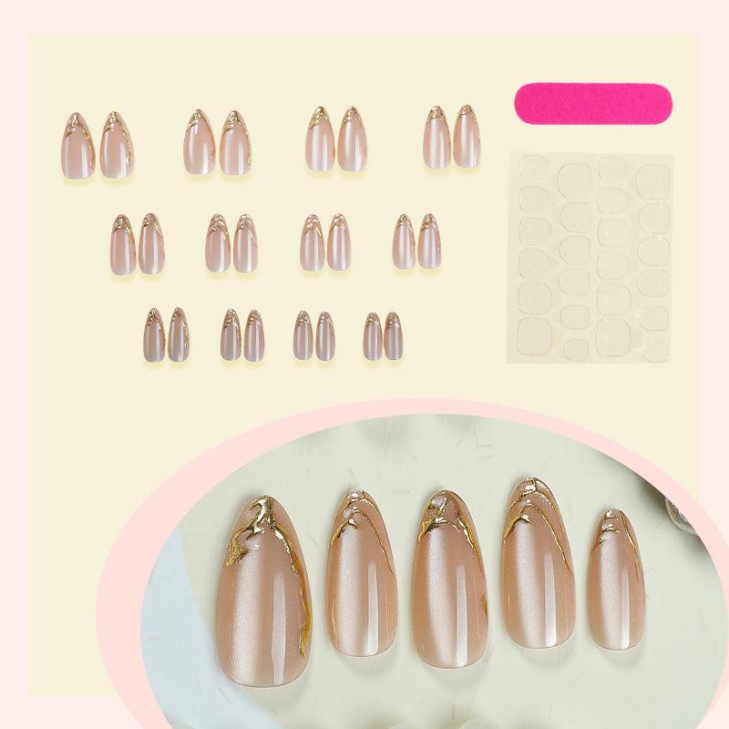 Cat's Eye Cross-border Special for Wearing Nail Almond Nail Patch Shining Fashion Wind Gilt Line Nail Patch 24 pieces