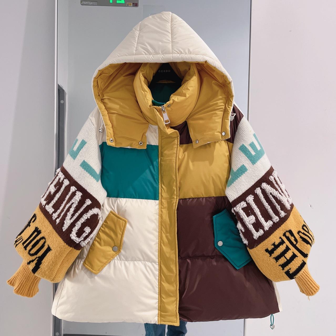 

Уличная одежда Стеганая куртка с надписью Женская парка с капюшоном Свободное зимнее пуховое пальто Женская толстая повседневная теплая одежда M жёлтый