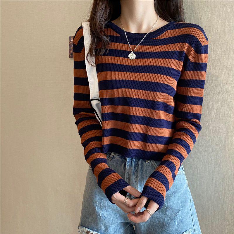 

Женский весенне-осенний пуловер с круглым вырезом в корейском стиле, текстурированный полосатый трикотаж, короткий топ с длинным рукавом One size