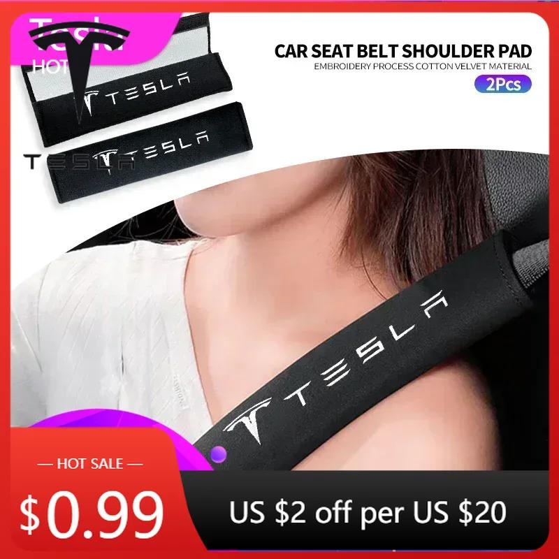 Car Sticker 2025 New Tesla 2PCS Car Seat Belt Shoulder Pads Auto logo Safety Belt Protection Cover For Tesla Model S Tesla Model