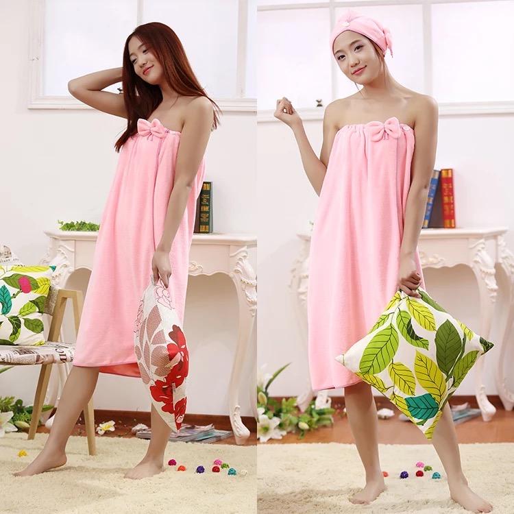 

Женское быстросохнущее банное полотенце с милым бантом, спа-салфетки и шапочка для душа, набор халатов розовый