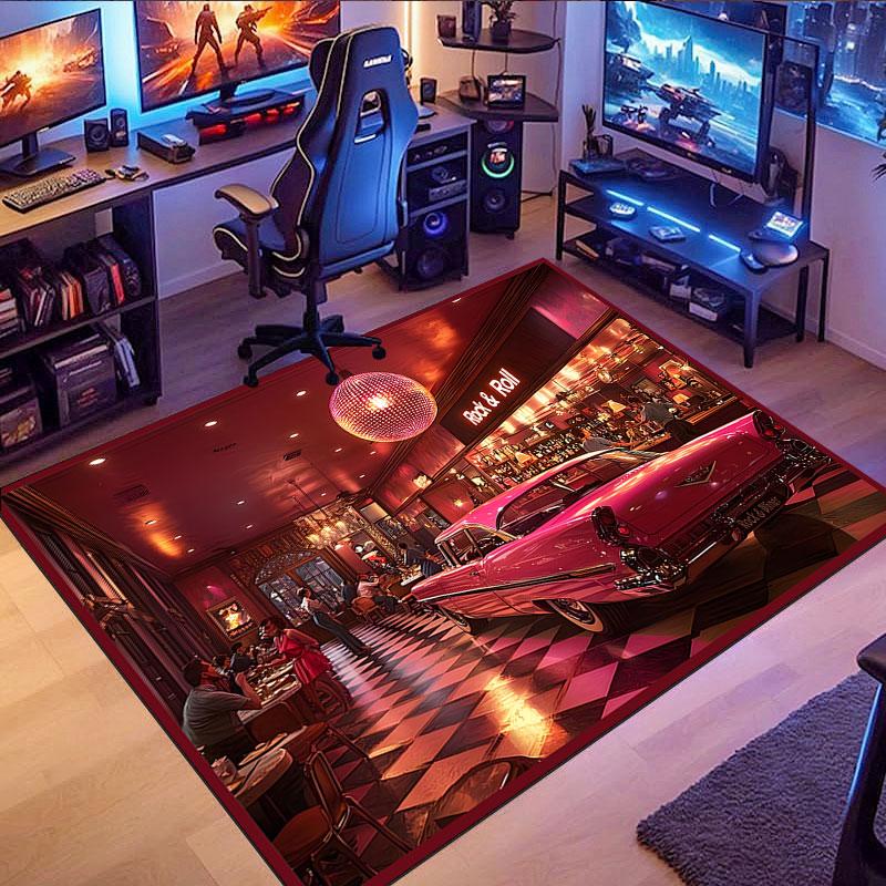 Retro Car & Rock Bar Themed Rug, non-slip rug, suitable for living room, bedroom, game room, computer room and home décor.