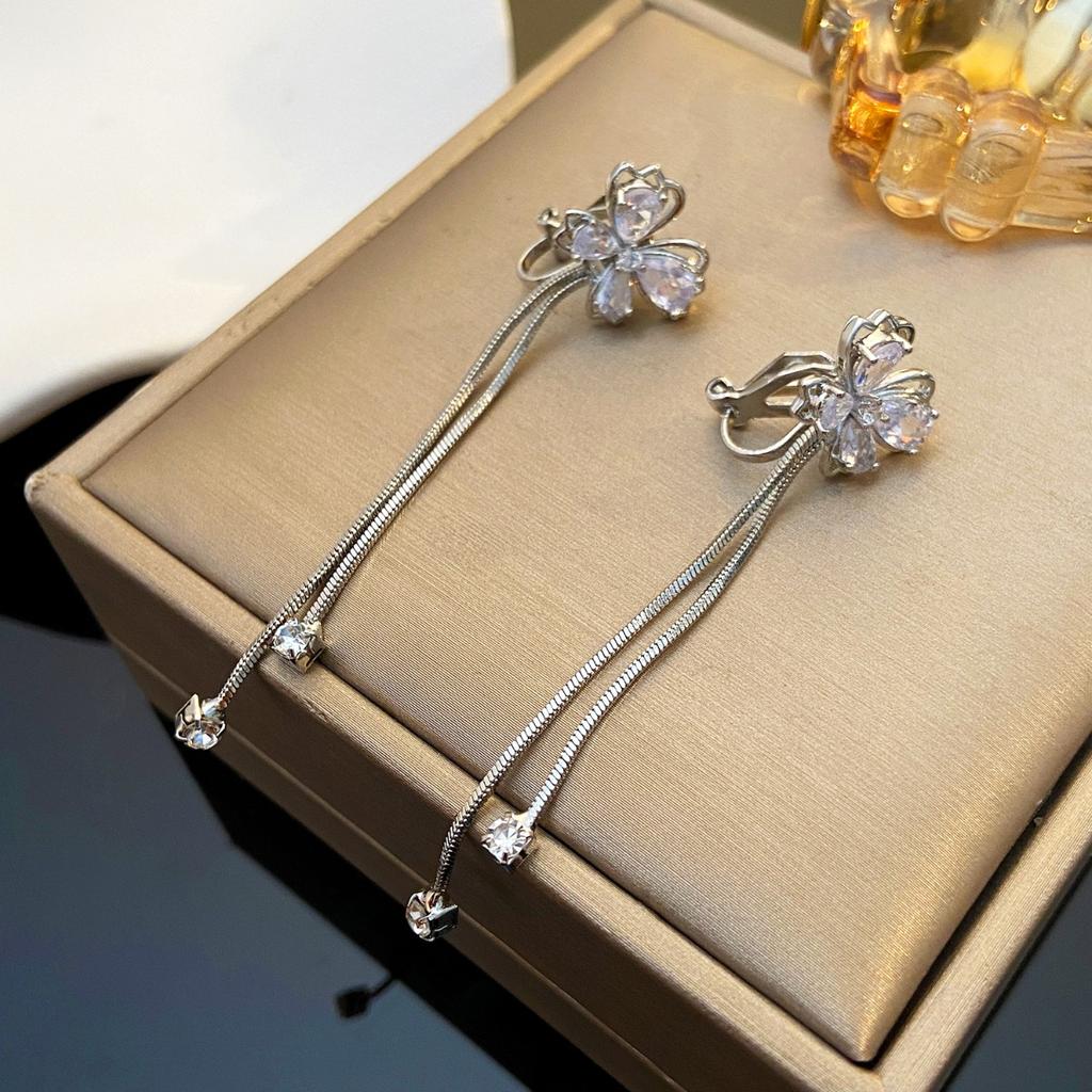 Flower Shaped Clip On Earrings with Long Tassel for Women