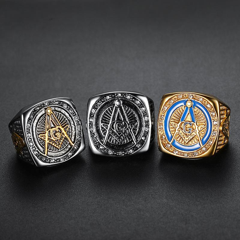 Fashion Rhinestone Masonic Ring Stainless Steel Charm Jewelry for Women Men Exquisite Freemason Ring SMR0012
