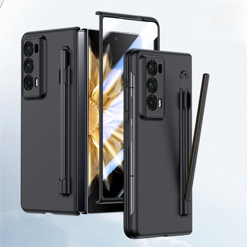 Luxury Armor Case for Honor Magic V2 Matte with Pen Skin Feel Transparent Screen and Solid Color Back Shockproof Hard Plastic Cover
