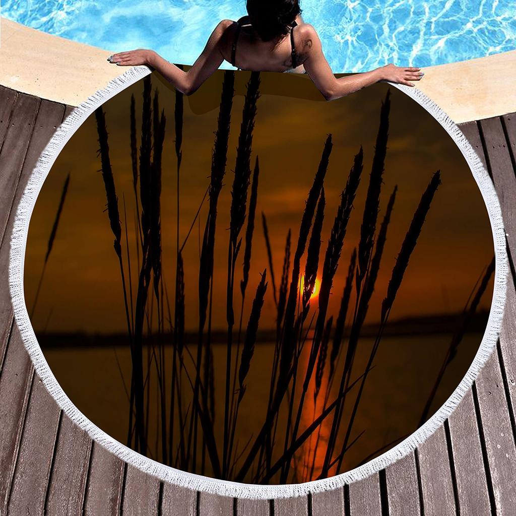 Wild Plant Fluttering Reed Round Beach Towel with Tassels,Polyester Beach Blanket,Soft Absorbent Quick Dry Pool Towel Picnic Mat