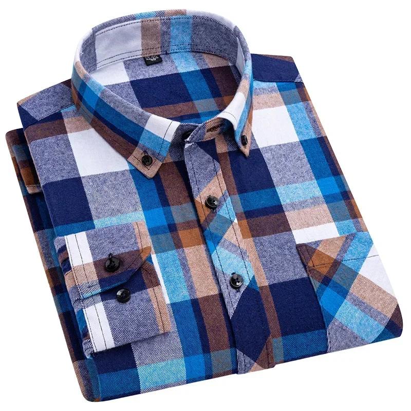 Herbst Dickes Flanellhemd Karomuster Hemden Standard-Passform Für Herren Langarm Reine Baumwolle Mode Einzelnes Aufgesetztes Taschendesign Jung