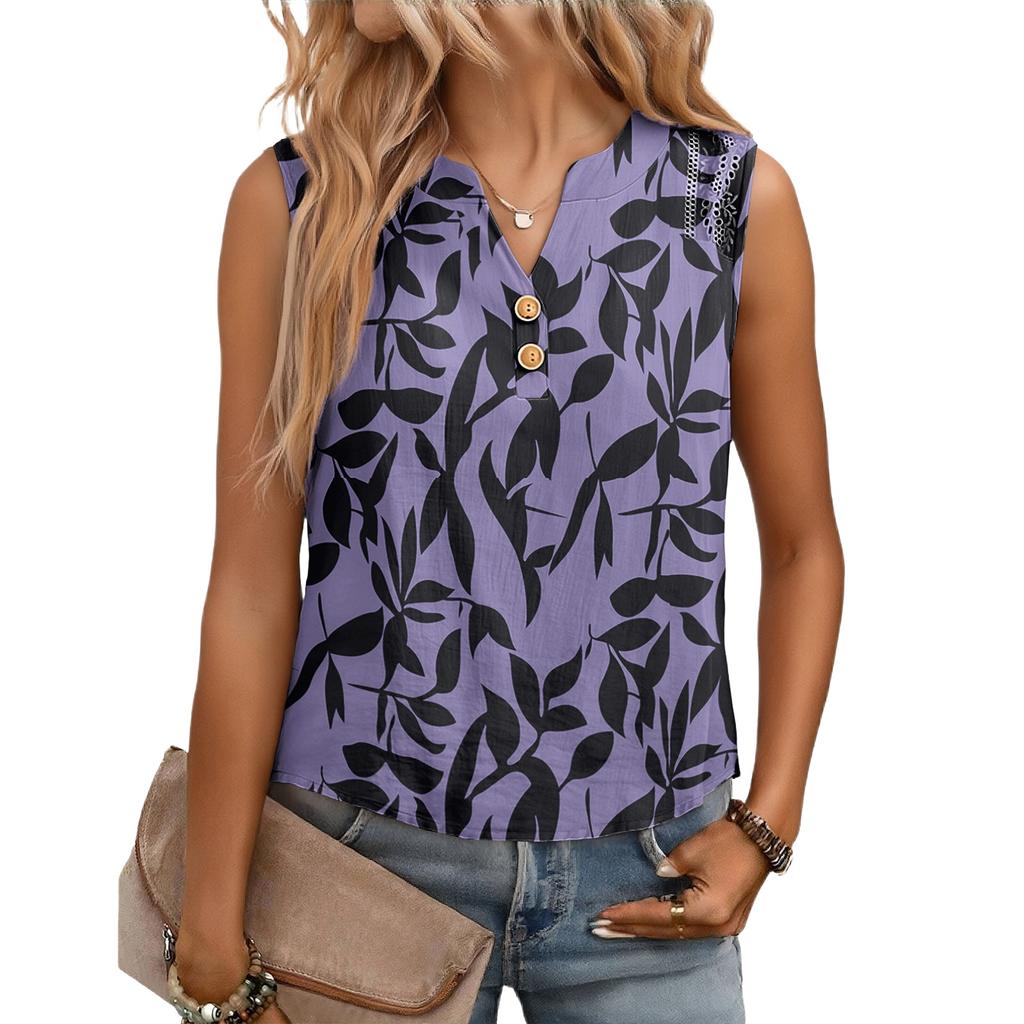 Women's Casual, Loose-Fitting, Printed, Sleeveless Linen Blouse