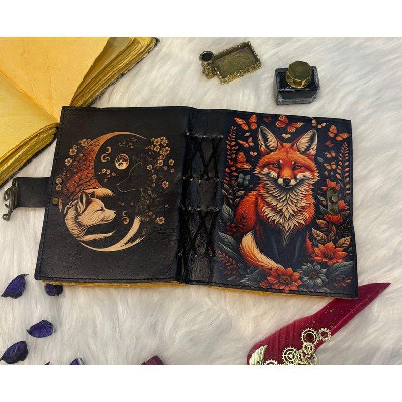 Forest Fox Leather Journal – Handmade Vintage Diary with Autumn Flowers & Deckle Edge Paper Antique Lock – Grimoire Journal – Book of Shadow