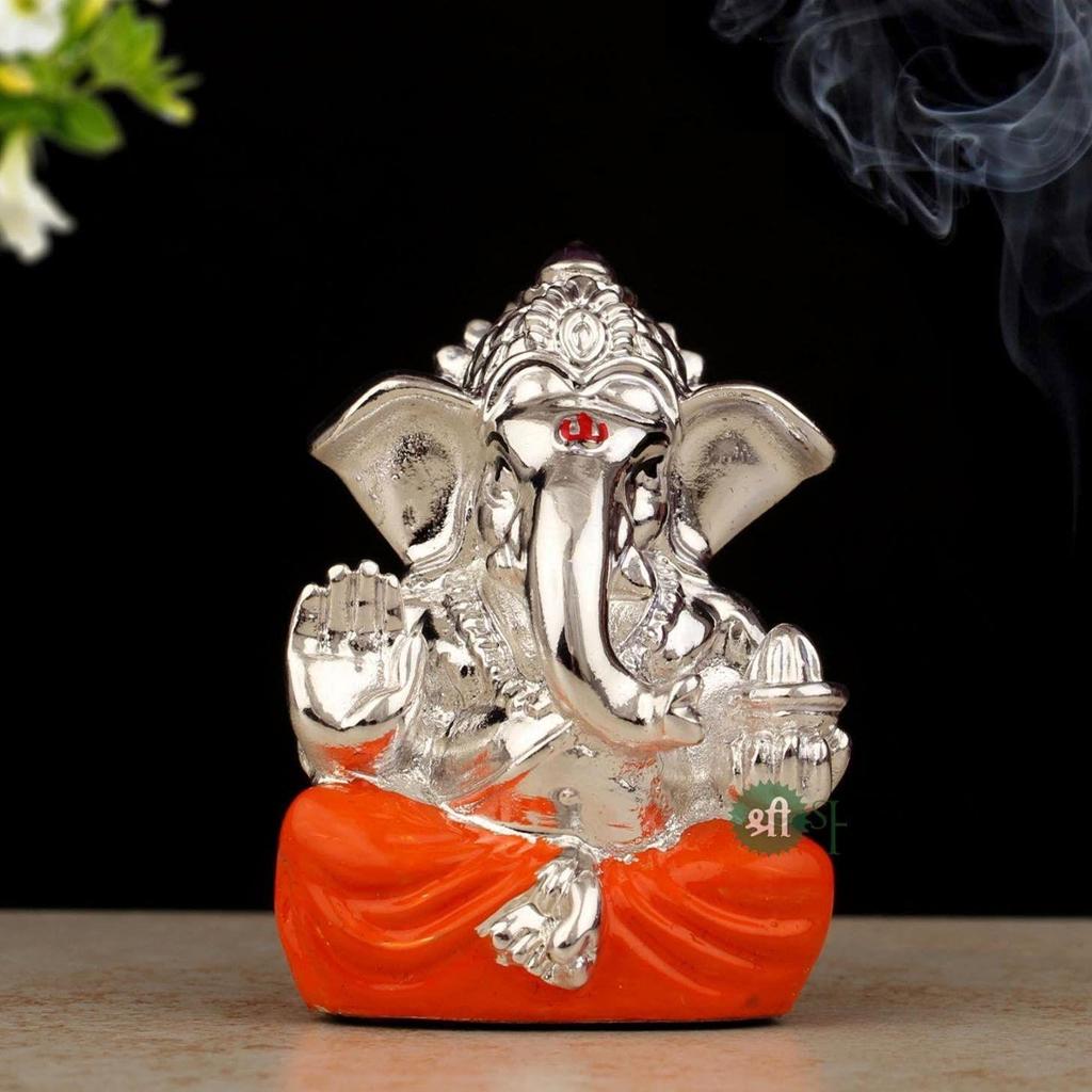 Idol Sculptură Statuie Zeu Ganesha din Argint Sculptat Manual, Rășină, pentru Decor Acasă și Birou și Cadouri