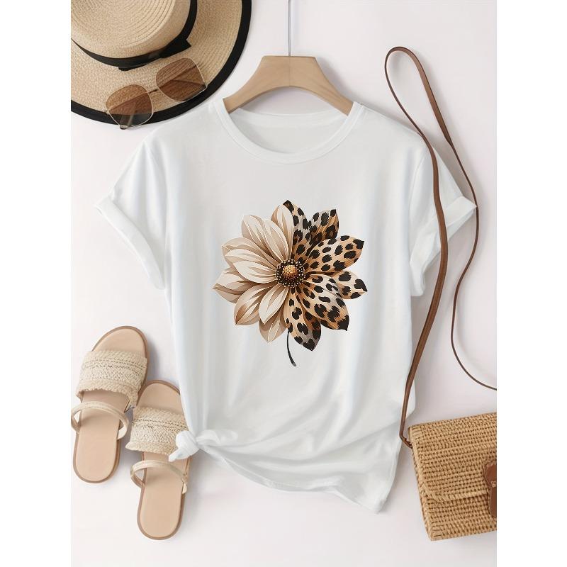 European Size Women's Short Sleeve T-Shirt with Leopard-Spot Floral Print Round Neck Blouse -Suitable for Travel, Vacation & Everyday Outfits