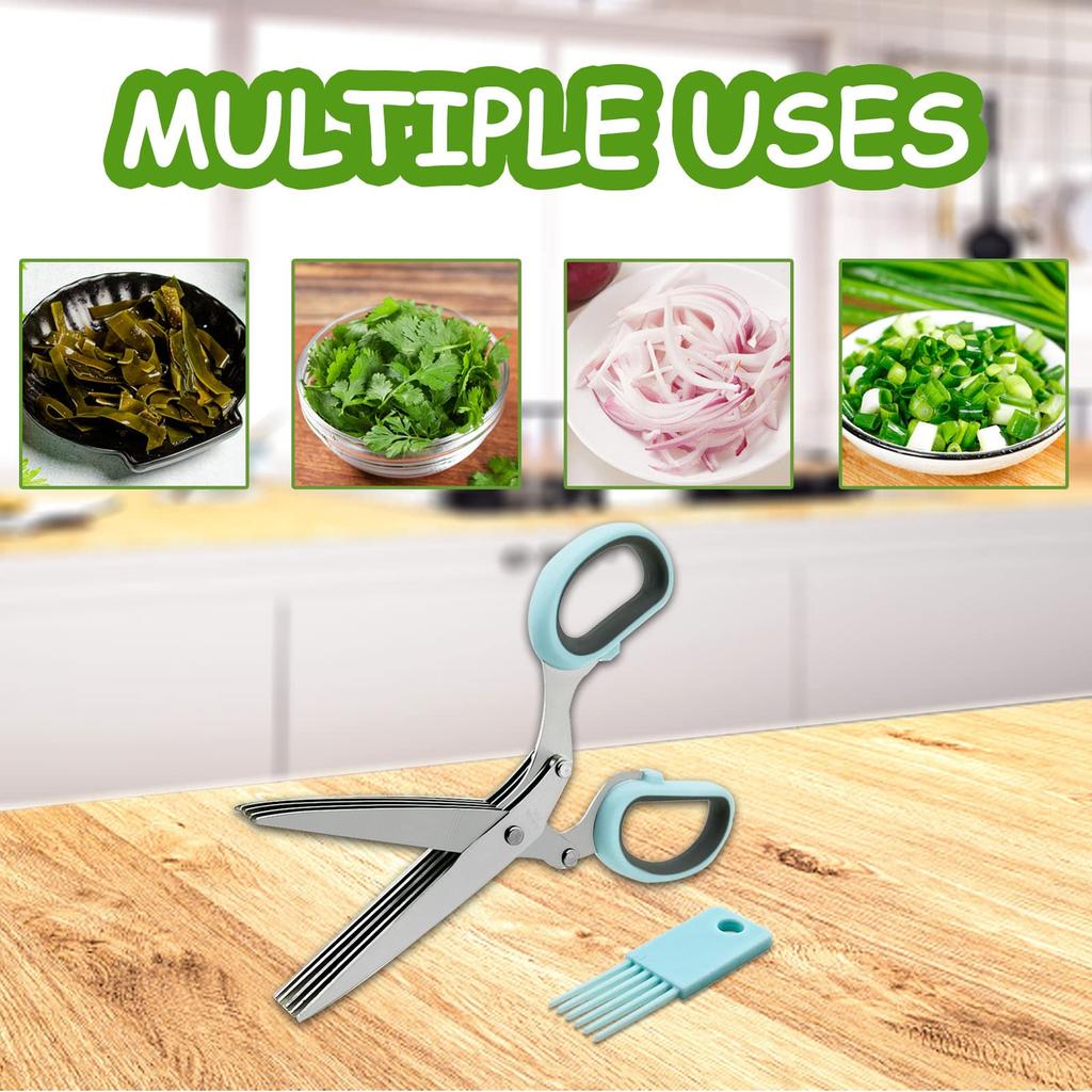 Cooking Scissors Shredder Scissors Stainless Steel Onion Nori Seaweed Scissors Vegetable Cutter 5 Blades Washable Set of 2 (Blue)