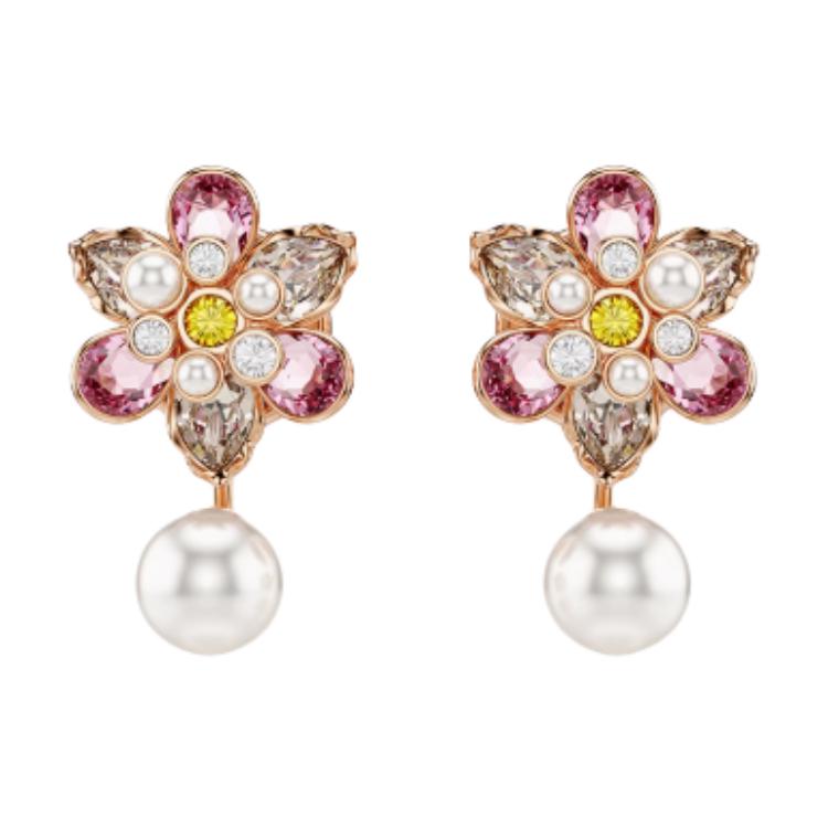 Swarovski Inlaid Design Imitation Crystal Imitation Pearl Rose Gold Earrings Unisex Earrings Pink 5722100 Box (Random Color)